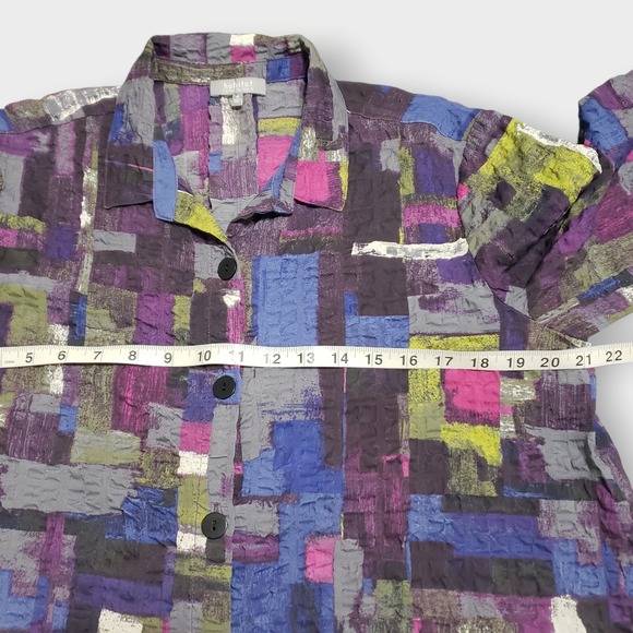 Habitat Clothing Purple Abstract Crinkled Textured Button Front Asymmetric Top M - Picture 9 of 12